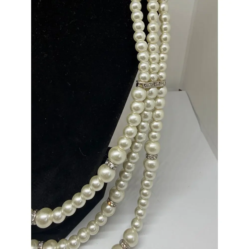 Triple Strand Faux Pearls Rhinestone Statement Necklace Layered Wedding Coquette